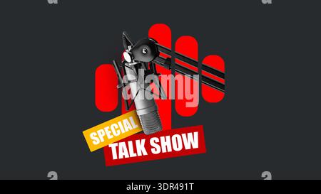 Configurazione del talk show podcast con microfono ed elementi visivi Foto Stock