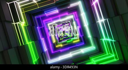 futuristico concetto di gioco con tunnel quadrato al neon colorato sfondo astratto con cornice geometrica illuminante corridoio prospettiva 3d. Foto Stock