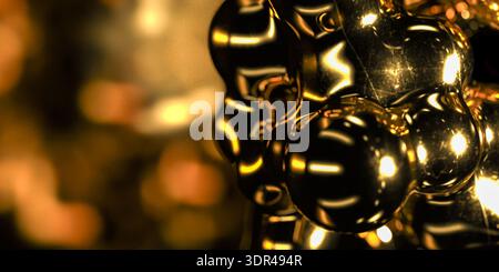 elegante concetto cosmetico con bolle di metallo dorato astratto sfondo con luce bokeh per un'illustrazione 3d dell'olio di siero della struttura molecolare scientifica Foto Stock