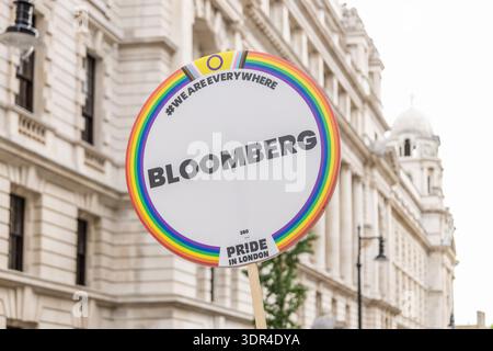 Insegna di Bloomberg con il confine arcobaleno all'evento London Pride. Londra, Regno Unito, 29 giugno 2024 Foto Stock