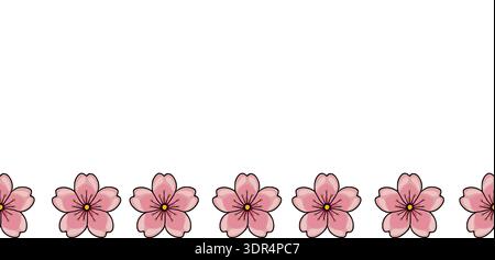 Striscione vettoriale senza cuciture di delicati fiori di ciliegio rosa con centri gialli su sfondo bianco, perfetto per la primavera e i temi giapponesi. Illustrazione Vettoriale