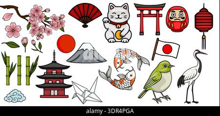 Set di icone culturali giapponesi, illustrazioni vettoriali con fiori di ciliegio, pesci koi e Monte Fuji Illustrazione Vettoriale