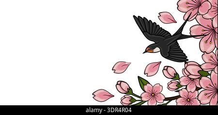 Illustrazione vettoriale di un uccello ingoiato che vola tra i fiori di ciliegio sakura con petali cadenti, striscione primaverile Illustrazione Vettoriale