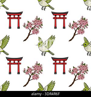 Struttura vettoriale senza cuciture di porte torii giapponesi, fiori di ciliegio e uccelli Illustrazione Vettoriale