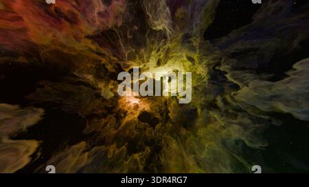 I colori brillanti emergono dalle nuvole vorticose di gas e polvere in una vasta scena spaziale. la formazione mostra varie sfumature e motivi sullo sfondo scuro, c Foto Stock