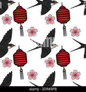 Schema vettoriale senza cuciture di uccelli da ingoiare e ciliegi in fiore con lanterne rosse Illustrazione Vettoriale