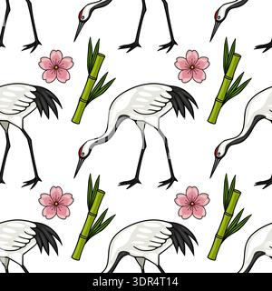 Gru con corona rossa giapponese e motivo vettoriale in fiore di ciliegio, senza cuciture, illustrazione naturale Illustrazione Vettoriale