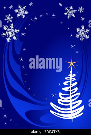 Sfondo blu delle festività con albero di Natale stilizzato, bordo con stella e fiocco di neve per biglietti d'auguri, illustrazione vettoriale Illustrazione Vettoriale