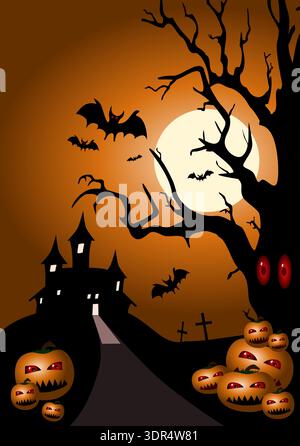 Notte di Halloween con castello infestato, pipistrelli e luna piena su Spooky Tree Illustrazione Vettoriale