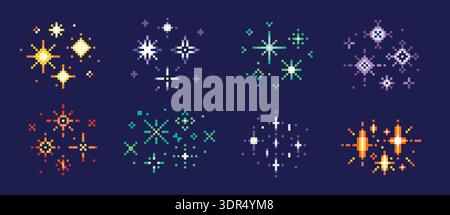 Fuochi d'artificio pixel. Il videogioco Y2K Starburst, festa di compleanno glitter, gioco arcade retrò effetto anni '80, Natale, Capodanno scintillante star, firecracker burst Illustrazione Vettoriale