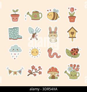 Grazioso set di adesivi per il giardino primaverile con fiori di animali Kawaii e attrezzi da giardinaggio Illustrazione Vettoriale