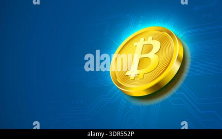 Moneta Bitcoin d'oro su un moderno sfondo digitale blu, perfetta per concetti fintech e blockchain. Illustrazione vettoriale. Illustrazione Vettoriale