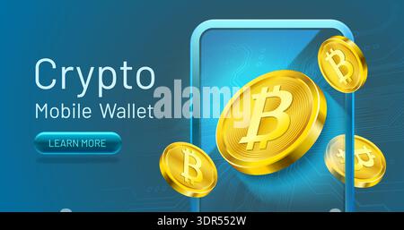 Il concetto di portafoglio mobile criptovaluta con bitcoin dorati volanti, uno smartphone e uno sfondo circuito. Illustrazione vettoriale. Illustrazione Vettoriale