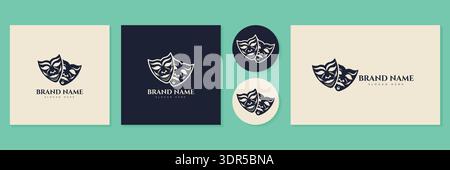 Set di logo per maschere da teatro classiche per illustrazione vettoriale di identità drammatica e comica. Illustrazione Vettoriale