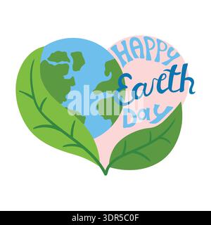 Vivace illustrazione della giornata della Terra con una composizione a forma di cuore con pianeta cullato da foglie verdi. Le scritte disegnate a mano recitano Happy Earth Day, p. Illustrazione Vettoriale