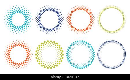 Otto vivaci cornici a punti circolari a mezzitoni in vari colori, per creare disegni artistici astratti. Set di caratteristiche geometriche rotonde colorate dei bordi b Illustrazione Vettoriale