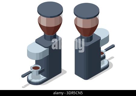 Macchina espresso isometrica con due viste, macchina da caffè professionale per caffè bar. Moderno apparecchio in acciaio inox per il servizio di bevande da barista. Caffè Illustrazione Vettoriale