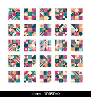 Set di 25 quadrati geometrici astratti, bundle di icone in stile Bauhaus, elementi di design vettoriale minimalista per branding e Web. Foto Stock