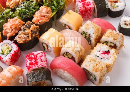 Collezione di diversi tipi di sushi disposti in un collage colorato su un piatto bianco Foto Stock