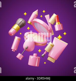 Icone di trucco cartoon 3d volanti. Composizione di cosmetici decorativi, prodotti di bellezza, elementi per la cura della pelle, rossetto, mascara, polvere in forma rotonda, rendering Illustrazione Vettoriale
