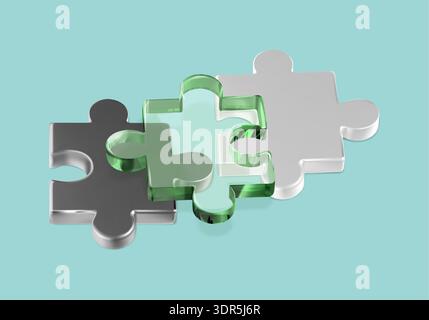 Mazzo di puzzle 3D. Sfida di squadra: Assembla 3 pezzi e risolvi il puzzle complesso. Gioco di strategia logica. Concetto di soluzione dei problemi aziendali. Astratto vettoriale Illustrazione Vettoriale