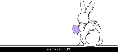 Disegno continuo del coniglietto pasquale con uovo di Pasqua di colore viola, illustrazione vettoriale di line art Illustrazione Vettoriale