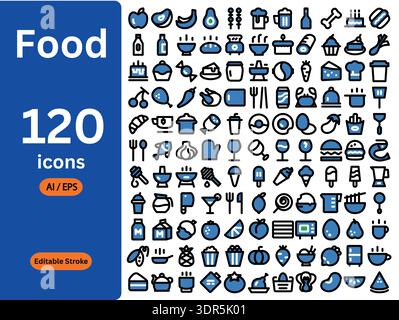 Set di icone Food and Beverage: 120 icone della linea di traccia modificabili per il menu del ristorante, cucina, alimentari e design dell'interfaccia utente culinaria Illustrazione Vettoriale