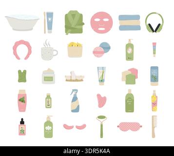 Illustrazioni di prodotti cosmetici di bellezza per la cura della pelle con candela. Concetto di home spa, rituale di autocura, trattamento casalingo e stile di vita benessere. Mano d Illustrazione Vettoriale