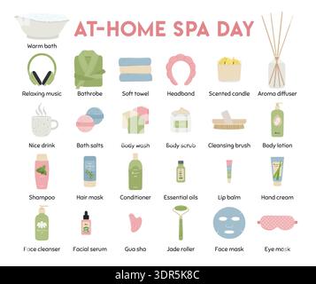 Infografica sulla giornata delle terme a casa. Illustrazioni di prodotti cosmetici di bellezza per la cura della pelle. Concetto di home spa, rituale di autocura, trattamento casalingo e benessere Illustrazione Vettoriale