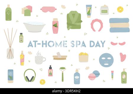 Composizioni con illustrazioni di prodotti cosmetici di bellezza per la cura della pelle con candela. Concetto di home spa, rituale di autocura, trattamento casalingo e benessere Illustrazione Vettoriale