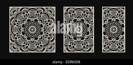 Set di disegni mandala tagliati al laser. Pannelli con mandala ornamentale. Stencil decorativo per taglio laser di metallo, legno, carta. Rapporto d'aspetto 1:2, 2:3 VECTO Illustrazione Vettoriale