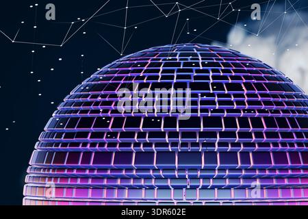 Un globo digitale luminoso con luci al neon e costellazioni nel cielo notturno. rendering 3d. Foto Stock