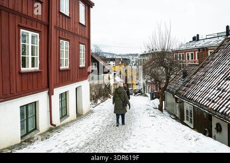 Pittoreschi e colorati edifici antichi sulla neve a Damstredet, Oslo, Norvegia Foto Stock