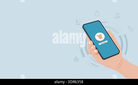 Mano che tiene in mano lo smartphone con l'icona del carrello che rappresenta un semplice concetto di e-commerce mobile e di acquisto online. Illustrazione Vettoriale