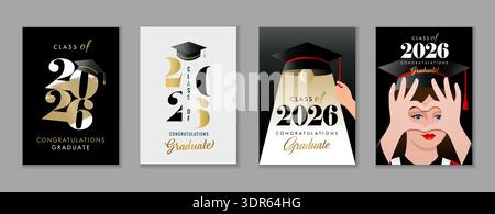 L'apprendimento è leggero: Design moderno della copertina per i laureati di classe 2026. Poster creativo con tipografia e ragazza laureata in abito da laurea manda il cuore Illustrazione Vettoriale