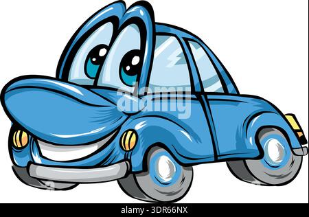 Carino personaggio di un'auto cartoni animati blu, illustrato e isolato su sfondo bianco Illustrazione Vettoriale