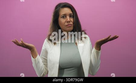 La donna alza mani e tira le mani con i palmi in uno studio sullo sfondo rosa, la bocca leggermente aperta e guarda in avanti; confusione. Foto Stock