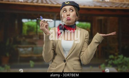 L'assistente di volo con blazer beige, berretto blu marino e sciarpa rossa tiene un aereo giocattolo, puckers labbra e arbusti con le mani sollevate accanto all'edificio, suggerendo p Foto Stock