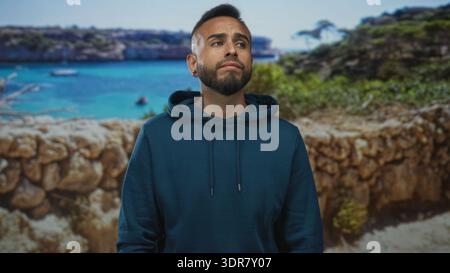 Uomo con le mani sulle guance sul lungomare che indossa una felpa con cappuccio blu e anelli, che guarda il mare; contemplazione tranquilla. Foto Stock