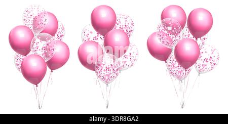 Un sacco di palloncini di buon compleanno in 3d, un regalo minimo per il giorno. Decorazioni in corol rosa, vettoriale isolato su bianco bg. Galleggiante delle sfere d'aria gonfiate Illustrazione Vettoriale