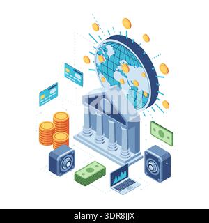 Global Banking Isometric con Money Transfer e Digital Finance Technology. Concetto globale di tecnologia bancaria e finanziaria Illustrazione Vettoriale
