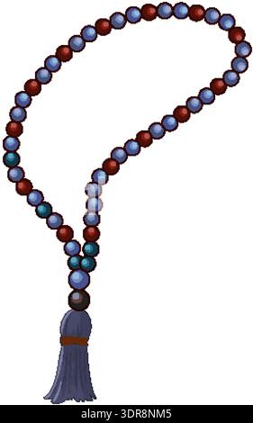 Illustrazione vettoriale di perline di preghiera con perline multicolore e nappina, stile digitale pulito Illustrazione Vettoriale