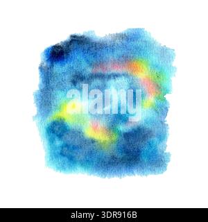 Pittura ad acquerello astratto con colori blu, giallo e arancione vivaci, Uniti in uno sfondo artistico testurizzato su uno sfondo bianco Foto Stock