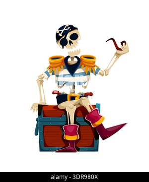 Personaggio dei pirati dello scheletro del marinaio dei cartoni animati appoggiato sul petto del tesoro con cinture incrociate e fibbia dorata, espirando fumo dalla pipa. Scheletro vettoriale di Halloween personaggio corsaro caraibico a guardia di un bottino Illustrazione Vettoriale