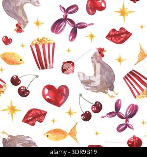 Set Surrealistico con pattern senza interruzioni di oggetti diversi. Palloncino a forma di cane, popcorn, labbra, pesce, pollo, aragosta, ciliegia, lecca, cuore. Per Foto Stock