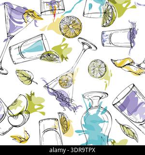 Motivo vettoriale senza cuciture di cocktail blu e lavanda con bicchieri da shot ink, ruote di agrumi e spruzzi di succo. Rifacimento disegnato a mano per confezione, regalo Illustrazione Vettoriale