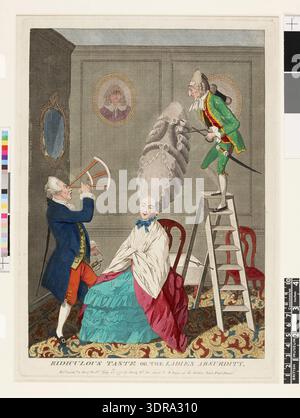 Questa incisione colorata a mano del 1771 di Matthew Darly, pubblicata da Robert Sayer, mostra un parrucchiere francese su una scala che organizza l'enorme coiffure di una signora con le pinze, mentre un uomo con una lunga coda misura la sua altezza usando un sestante. La scena critica la moda stravagante, mette in evidenza le convenzioni sociali e di genere ed esemplifica la stampa satirica del XVIII secolo, l'esagerazione dei costumi, l'umorismo visivo, l'abito, i ruoli professionali, e tecniche di styling ornamentali. Foto Stock