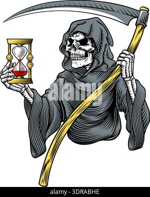 Grim Reaper Death Skeleton stile vintage Woodcut Illustrazione Vettoriale