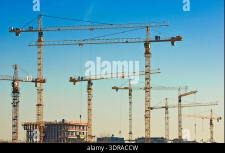 Molte gru edili in un grande cantiere con un guscio davanti a un cielo senza nuvole Foto Stock