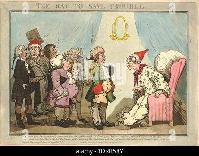 Questa incisione colorata a mano con acquatinta, creata il 26 marzo 1796 dopo George Moutard Woodward e pubblicata da William Holland, satira la pratica medica. Un invalido si siede su una sedia di fronte al suo servo, che ha portato un farmacista, un medico, un undertaker, un sesone e una scavatrice di tombe. La composizione illustra l'umorismo, il commento sociale, i ruoli professionali e l'interazione umana, impiegando tecniche di colorazione delle mani e di acquatinta. La stampa riflette la satira britannica del tardo XVIII secolo, le convenzioni artistiche e la critica visiva delle pratiche sanitarie. Foto Stock